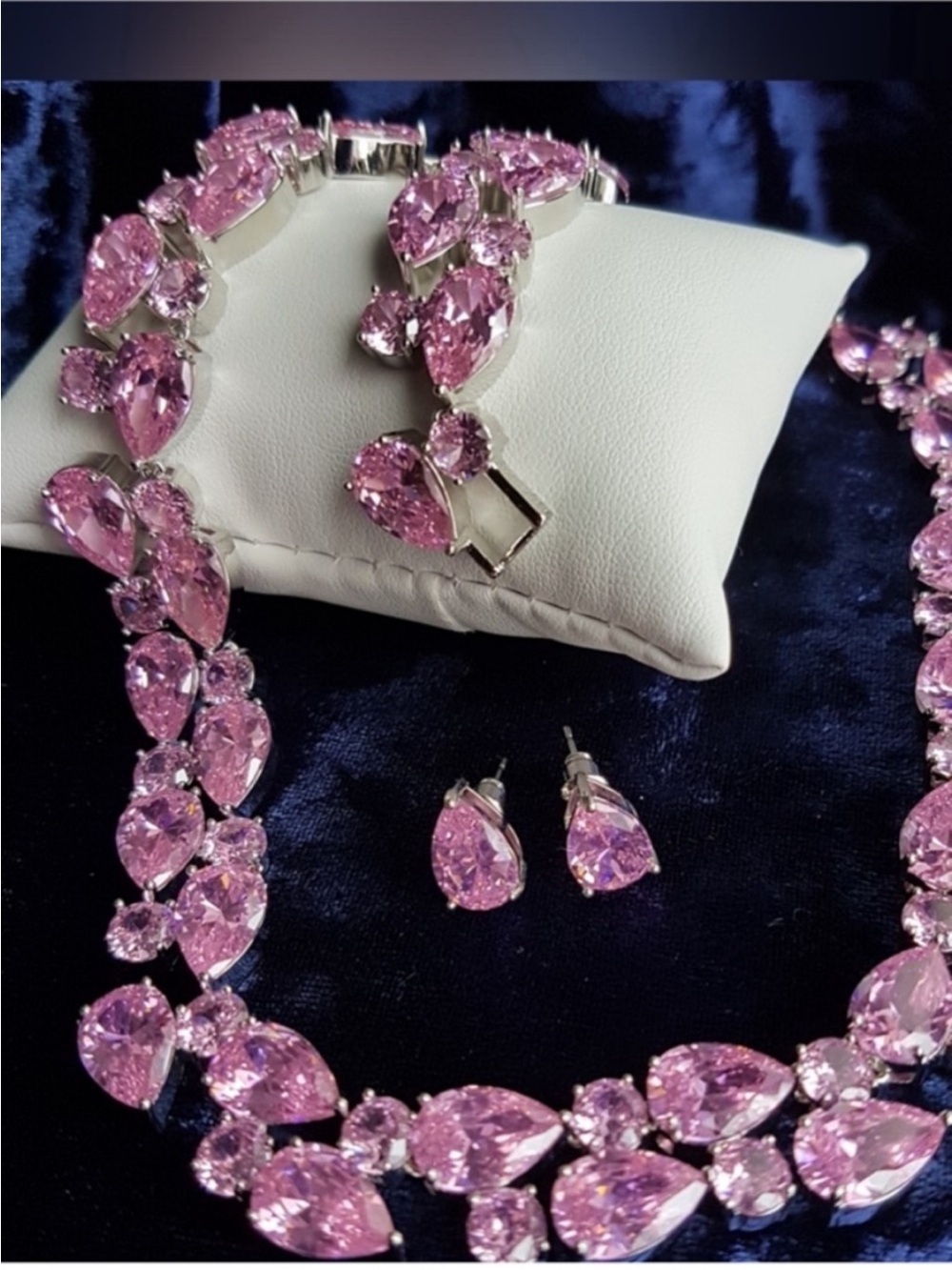 Swarovski Elements Pink Teardrop & Round Gemstone Statement Necklace & Studs NEW - Picture 15 of 17